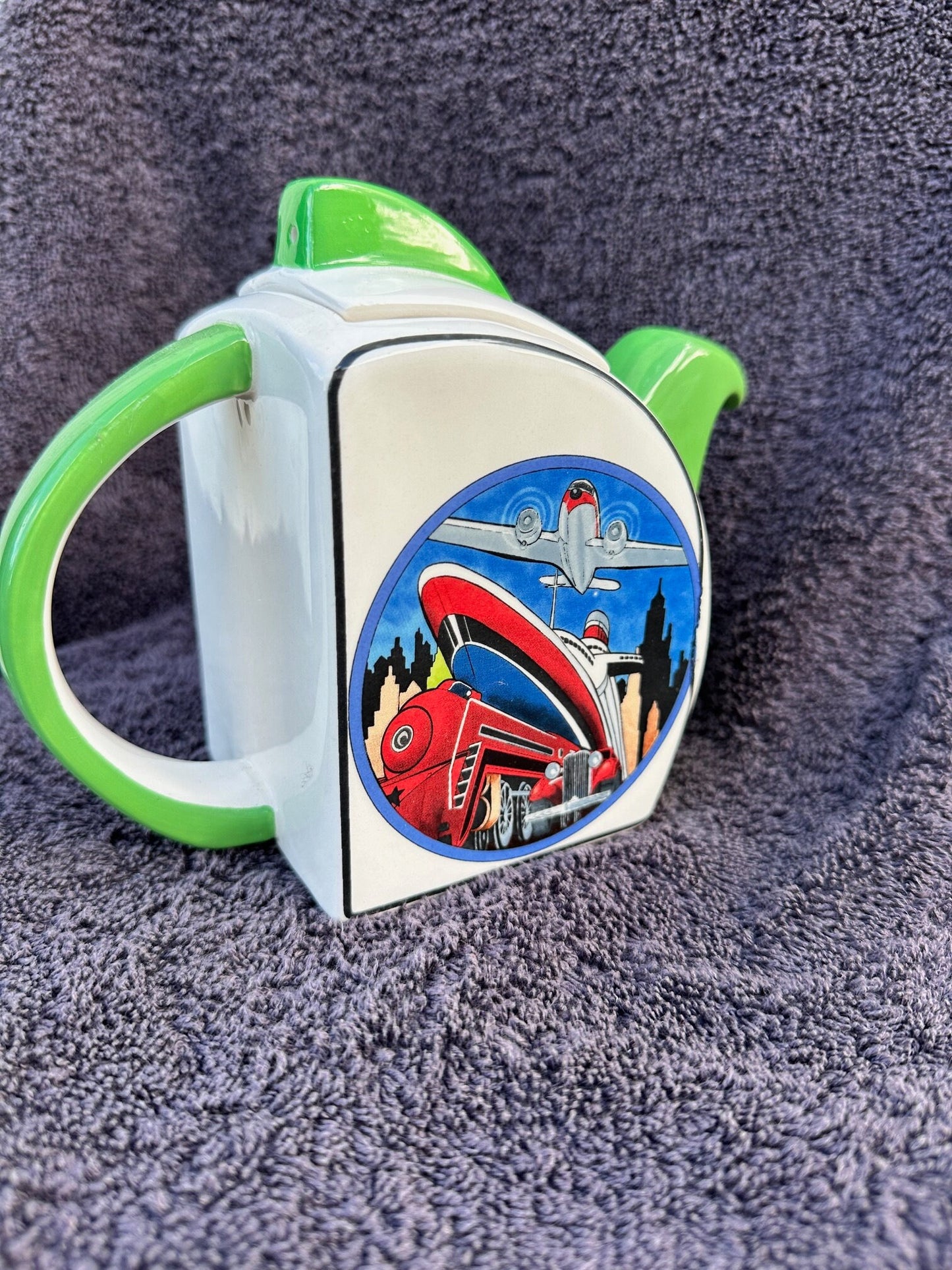 Nooromason Collectible Cruise liner plane train Teapot Clarice Cliff Style