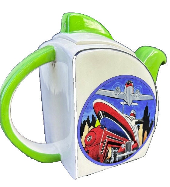 Nooromason Collectible Cruise liner plane train Teapot Clarice Cliff Style