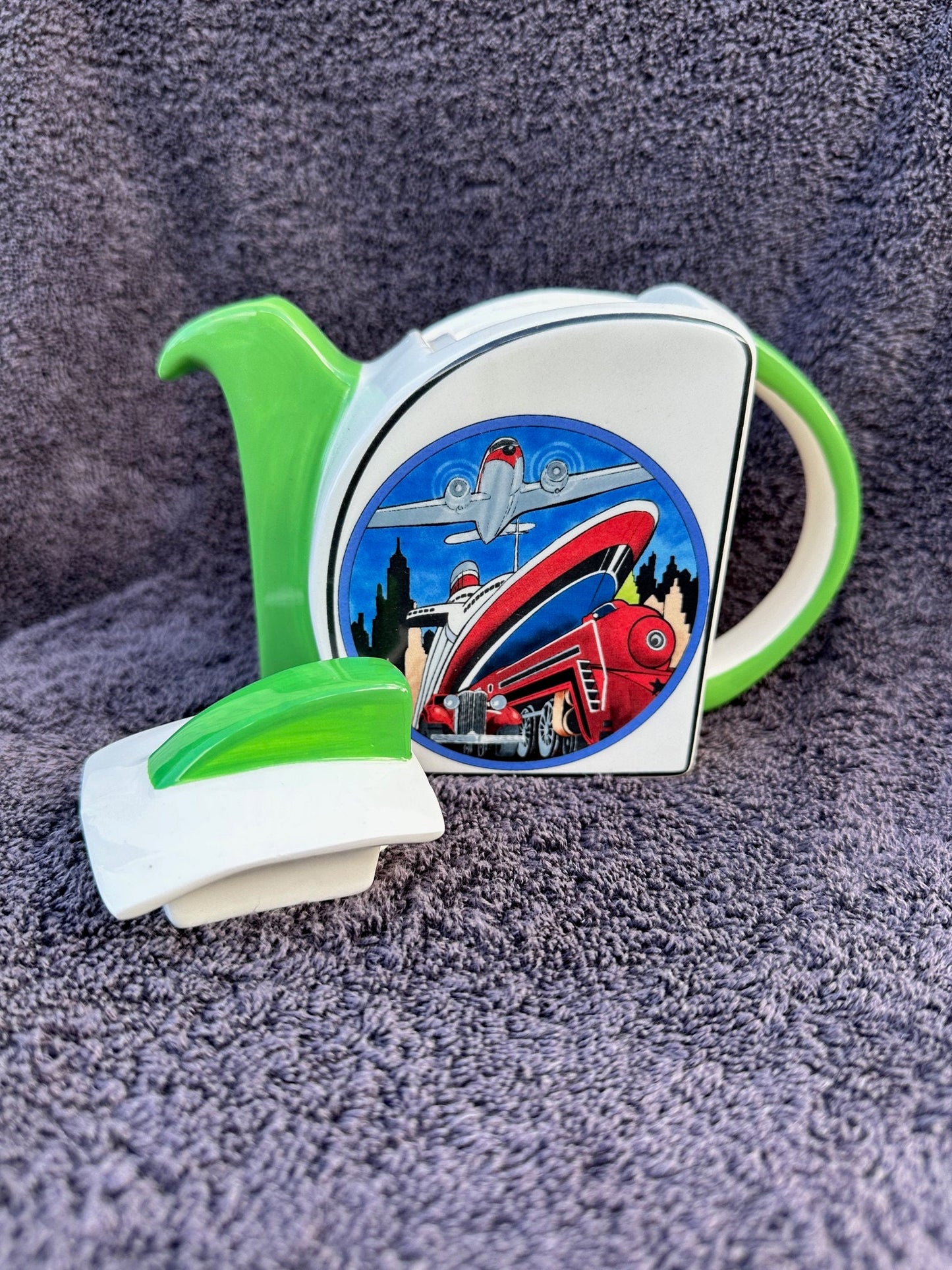 Nooromason Collectible Cruise liner plane train Teapot Clarice Cliff Style