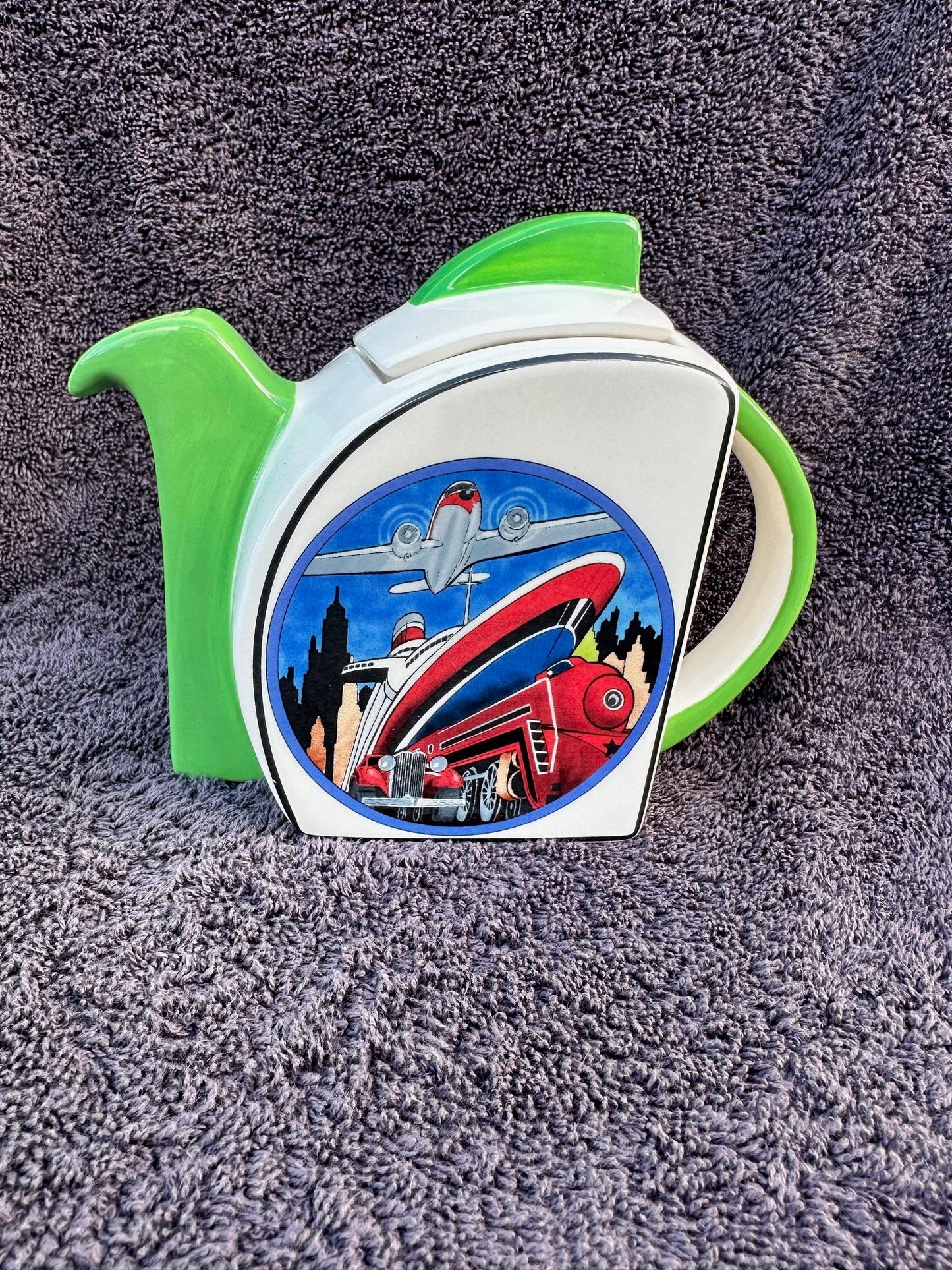 Nooromason Collectible Cruise liner plane train Teapot Clarice Cliff Style