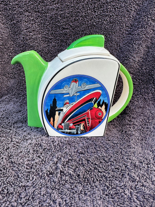 Nooromason Collectible Cruise liner plane train Teapot Clarice Cliff Style